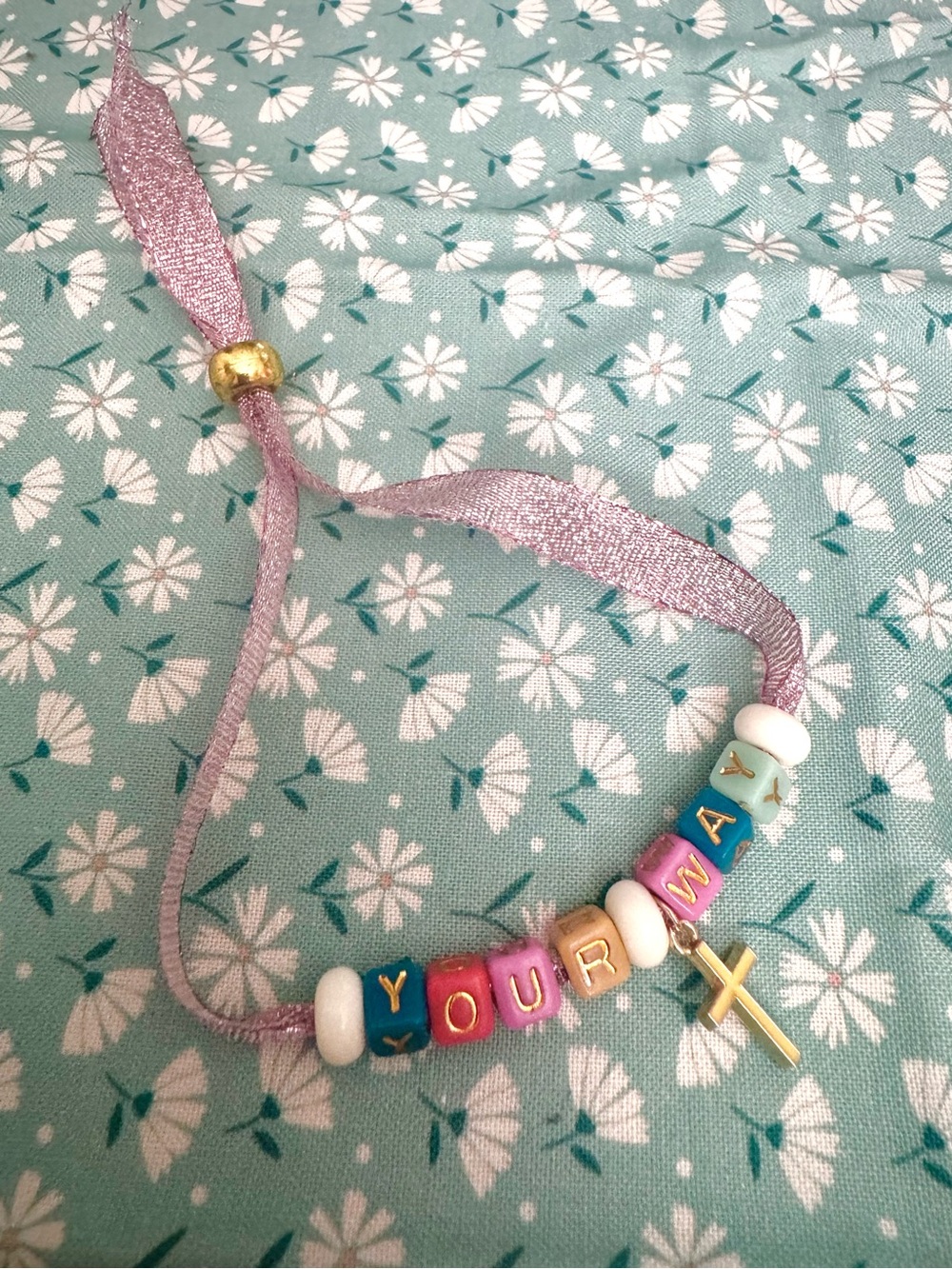 “Your Way” adjustable Bracelet with Pink Ribbon and Gold & Yellow Cross
